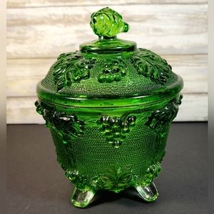 Vintage Jeanette Four Footed Green Grape Leaf Glass Candy Dish With Lid.